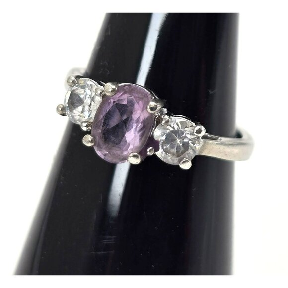 Amethyst & White Topaz Sterling Silver Ring Size 5.75 Elegant Oval Cut LI647 - Picture 2 of 16
